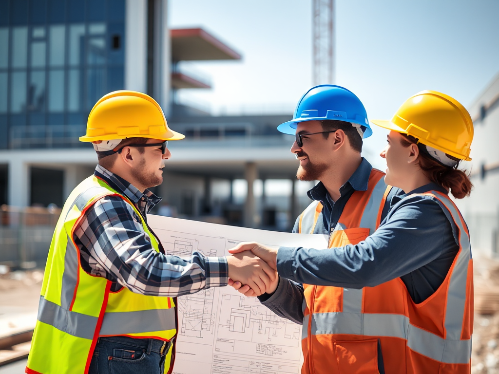 Hợp tác nhà thầu phụ hiệu quả: Hai công nhân xây dựng bắt tay trước bản vẽ trên công trường, thể hiện sự hợp tác và kiểm soát chất lượng.