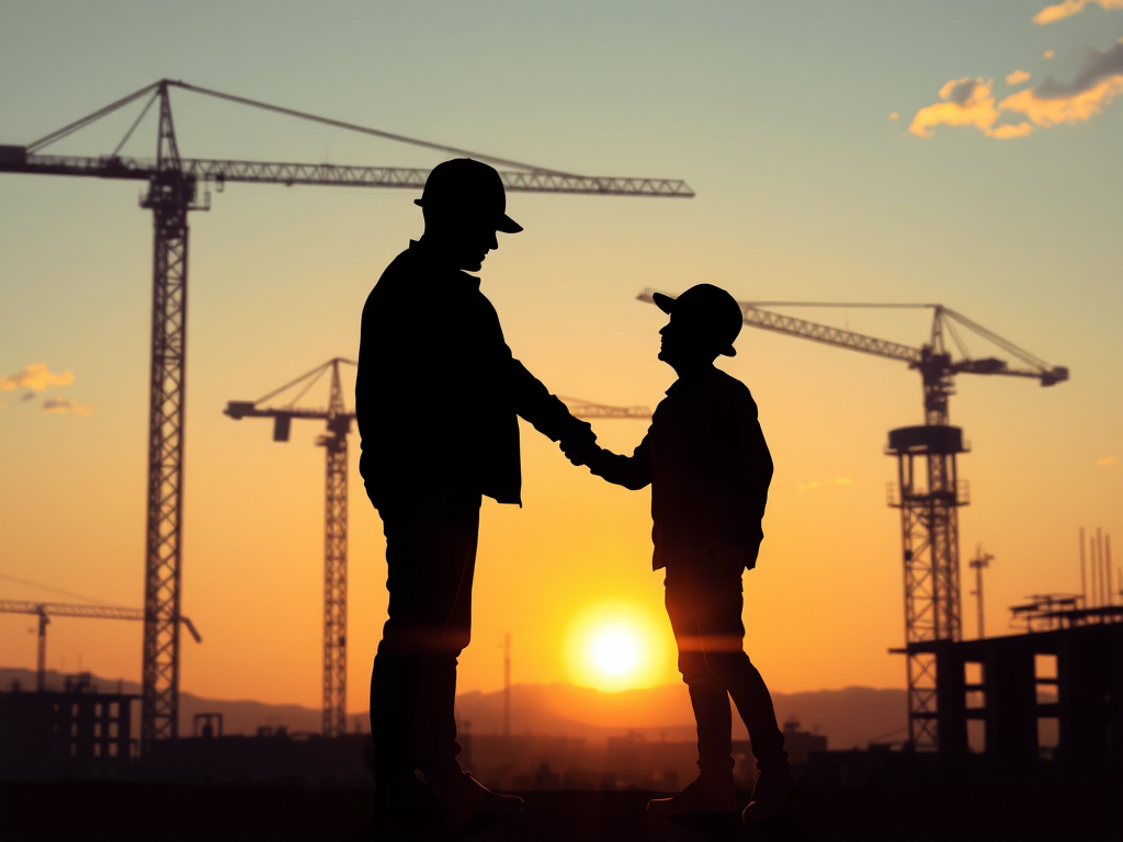 Hợp tác nhà thầu phụ hiệu quả: Hình ảnh hai kỹ sư bắt tay trên công trường xây dựng, thể hiện sự hợp tác và tin tưởng.