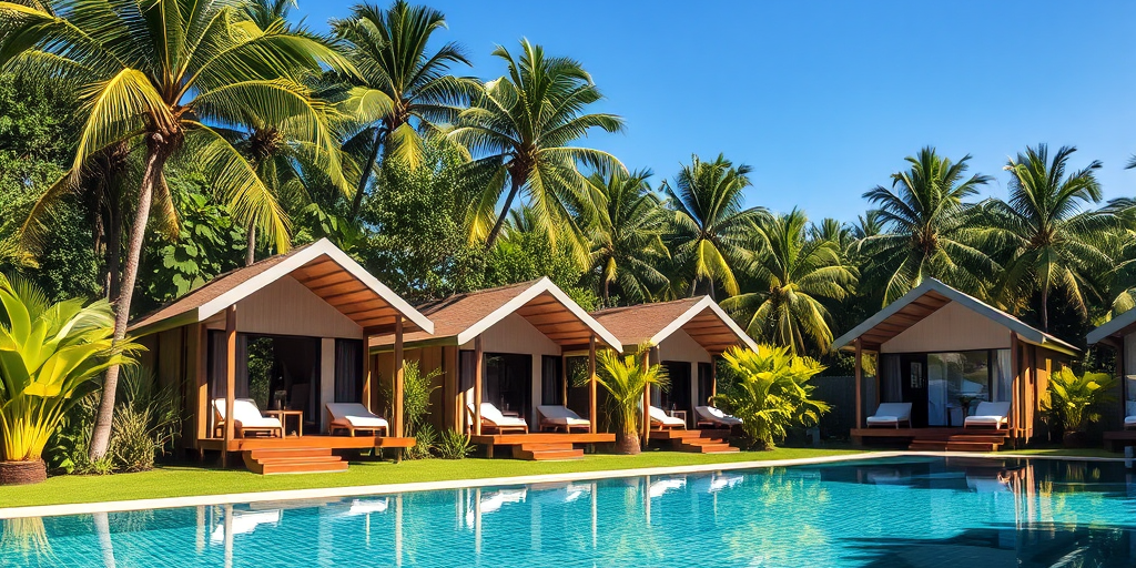 Khu nghỉ dưỡng với các bungalow hiện đại, thiết kế theo giải pháp modular và thi công xanh, hồ bơi vô cực phản chiếu kiến trúc, thể hiện thi công bungalow cho khu nghỉ dưỡng.