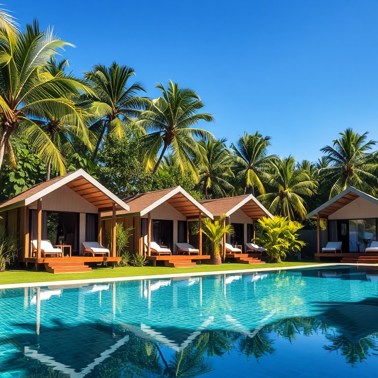 Khu nghỉ dưỡng với các bungalow hiện đại, thiết kế theo giải pháp modular và thi công xanh, hồ bơi vô cực phản chiếu kiến trúc, thể hiện thi công bungalow cho khu nghỉ dưỡng.