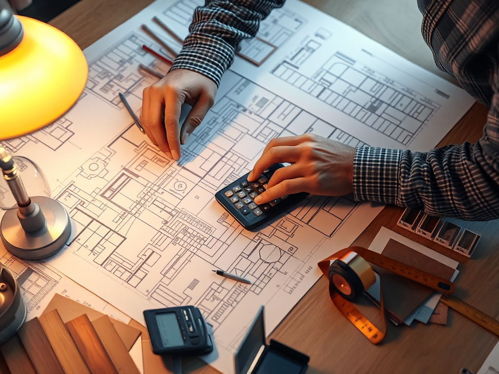Kiến trúc sư đang tính toán vật liệu xây dựng dựa trên bản vẽ chi tiết; minh họa cho **hướng dẫn lập dự toán thi công**, bóc tách khối lượng vật tư. Kiến trúc sư đang tính toán vật liệu xây dựng dựa trên bản vẽ chi tiết; minh họa cho **hướng dẫn lập dự toán thi công**, bóc tách khối lượng vật tư.