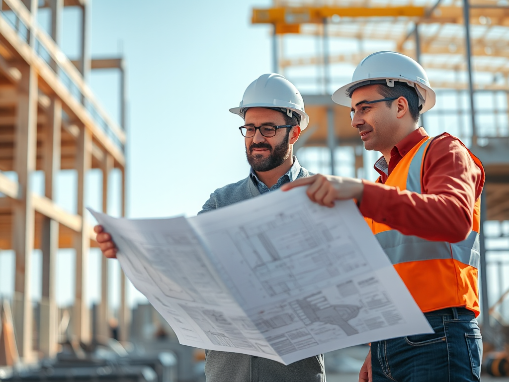 Kiến trúc sư đang xem xét bản vẽ công trình, thảo luận về vai trò của kiến trúc sư trong dự án, với khung cảnh xây dựng hiện đại phía sau.