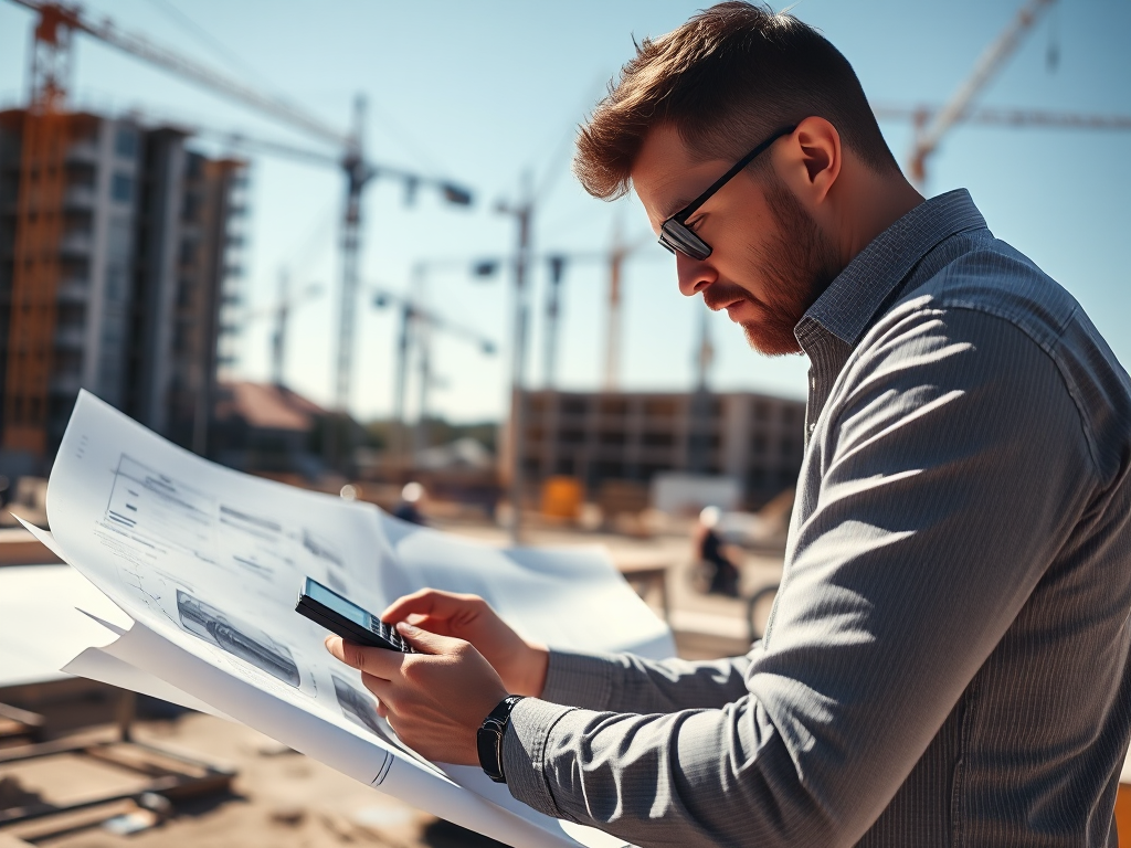 Kiến trúc sư đang xem xét bản vẽ và tính toán chi phí dự toán xây dựng công trình, minh họa cho cách tính dự toán chi phí thi công xây dựng chính xác nhất.
