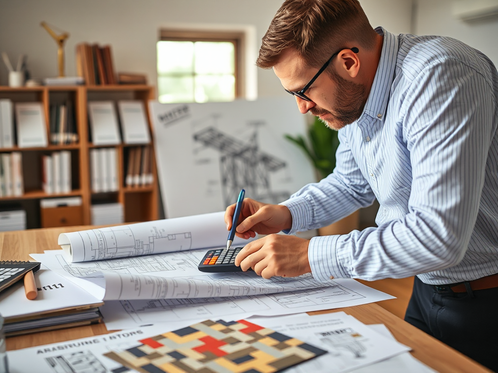 Kiến trúc sư đang xem xét bản vẽ xây dựng chi tiết, tính toán dự toán thi công. Hình ảnh minh họa hướng dẫn lập dự toán thi công xây dựng. Kiến trúc sư đang xem xét bản vẽ xây dựng chi tiết, tính toán dự toán thi công. Hình ảnh minh họa hướng dẫn lập dự toán thi công xây dựng.