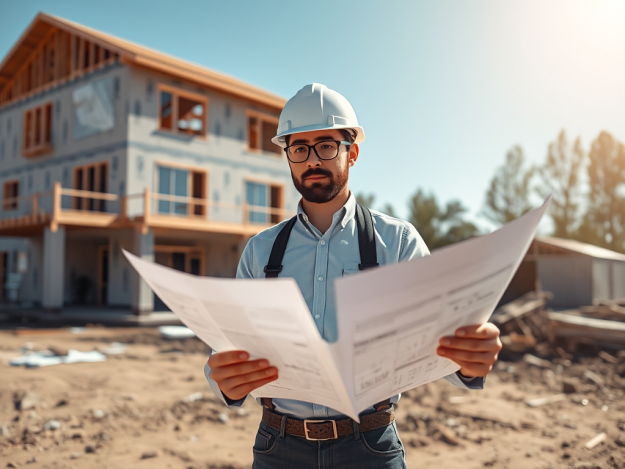 Kiến trúc sư đang xem xét bản vẽ xây dựng tại công trường, đội mũ bảo hộ, phía sau là ngôi nhà đang xây dựng, liên quan đến hồ sơ xin giấy phép xây dựng nhà phố. Kiến trúc sư đang xem xét bản vẽ xây dựng tại công trường, đội mũ bảo hộ, phía sau là ngôi nhà đang xây dựng, liên quan đến hồ sơ xin giấy phép xây dựng nhà phố.