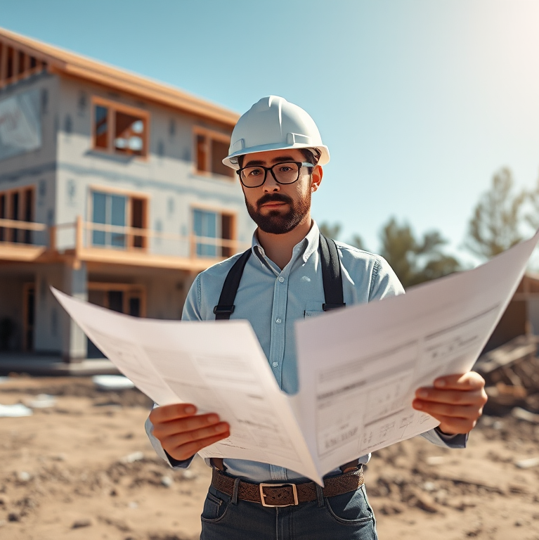 Kiến trúc sư đang xem xét bản vẽ xây dựng tại công trường, đội mũ bảo hộ, phía sau là ngôi nhà đang xây dựng, liên quan đến hồ sơ xin giấy phép xây dựng nhà phố.