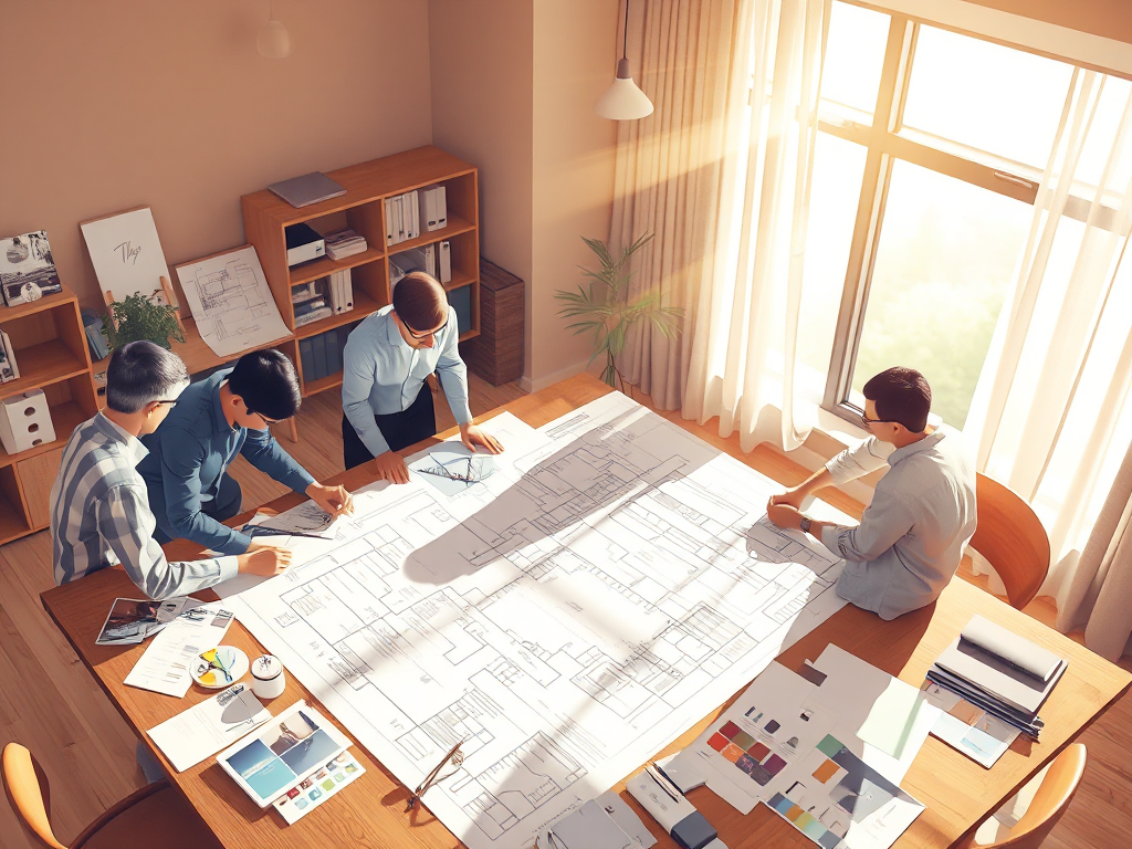 Kiến trúc sư thảo luận vai trò của kiến trúc sư trong dự án, xem xét bản vẽ thiết kế và mẫu vật liệu, ánh sáng tự nhiên, không gian làm việc sáng tạo.