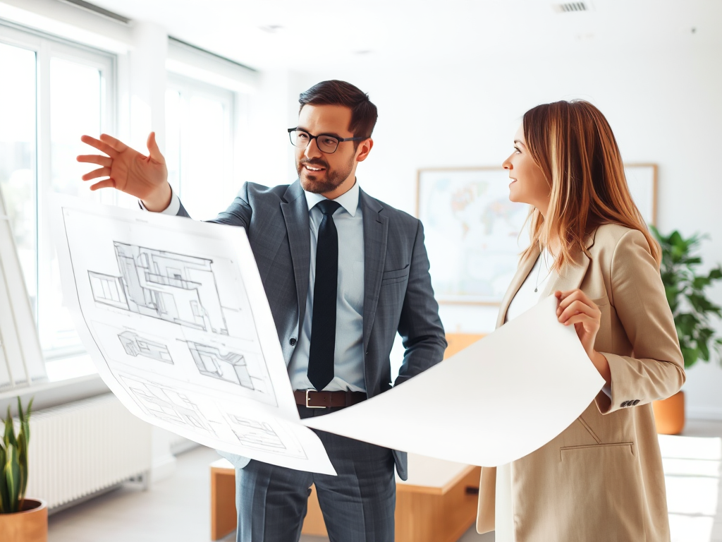 Kiến trúc sư trình bày bản vẽ thiết kế sơ bộ cho khách hàng trong văn phòng sáng sủa, thể hiện vai trò của kiến trúc sư trong dự án xây dựng.