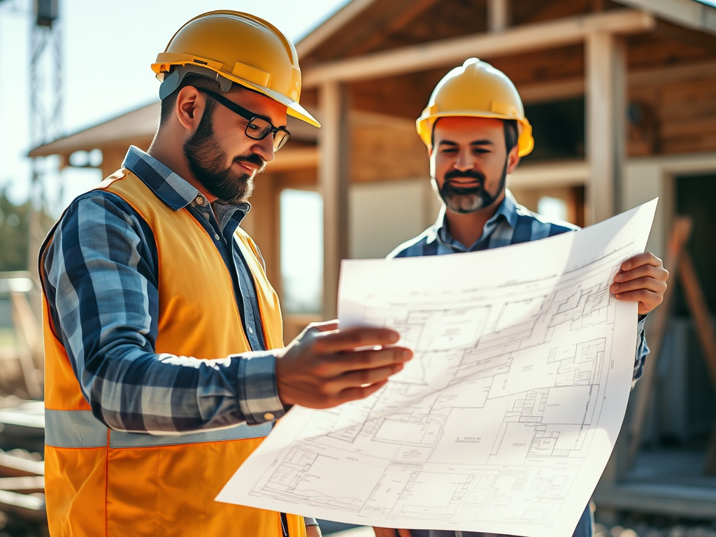 Kiến trúc sư và chủ nhà xem xét bản vẽ tại công trường xây dựng, minh họa cho việc **tối ưu chi phí xây dựng nhà ở** bằng kế hoạch chi tiết.
