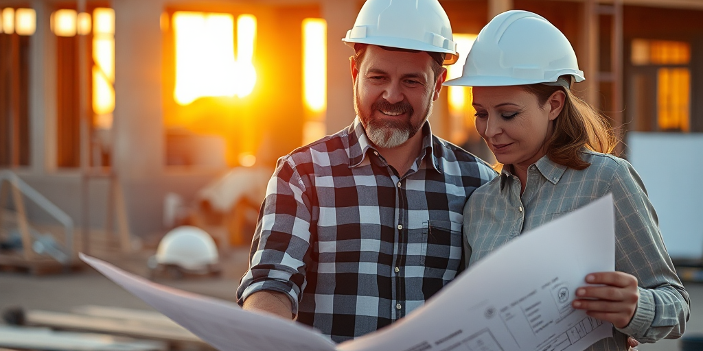 Kiến trúc sư và chủ nhà xem xét bản vẽ tại công trường xây dựng. Hình ảnh minh họa **cách chọn nhà thầu xây dựng uy tín** với mũ bảo hộ và dụng cụ đo đạc.
