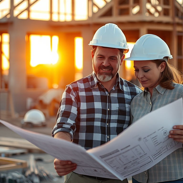 Kiến trúc sư và chủ nhà xem xét bản vẽ tại công trường xây dựng. Hình ảnh minh họa **cách chọn nhà thầu xây dựng uy tín** với mũ bảo hộ và dụng cụ đo đạc.