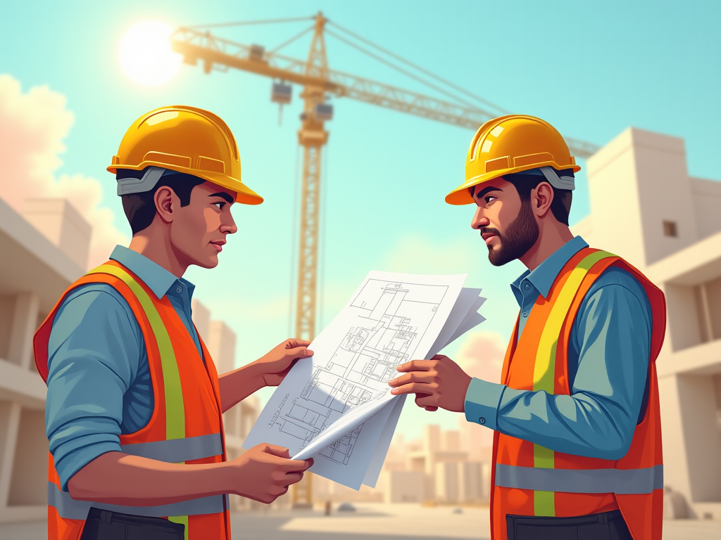 Kiến trúc sư và công nhân xây dựng đang xem bản vẽ công trình, thể hiện tầm quan trọng của việc chọn nhà thầu xây dựng uy tín và bảo hiểm trách nhiệm.
