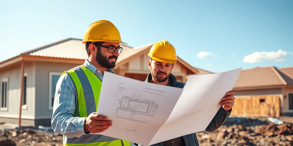 Kiến trúc sư và công nhân xây dựng xem bản vẽ tại công trình, ngôi nhà đang xây dở. Hình ảnh minh họa cho việc tối ưu chi phí xây dựng nhà ở.