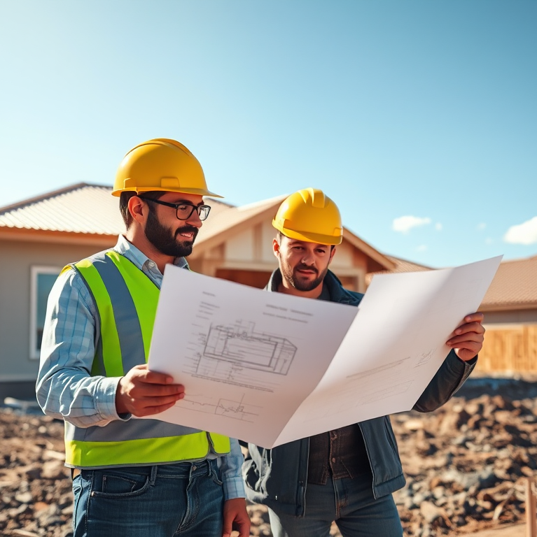 Kiến trúc sư và công nhân xây dựng xem bản vẽ tại công trình, ngôi nhà đang xây dở. Hình ảnh minh họa cho việc tối ưu chi phí xây dựng nhà ở.