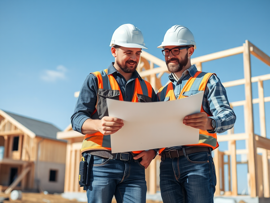 Kiến trúc sư và công nhân xây dựng xem xét bản vẽ thiết kế nhà ở tại công trường. Hình ảnh minh họa cho **mẫu hợp đồng thi công xây dựng nhà ở cập nhật 2026**.