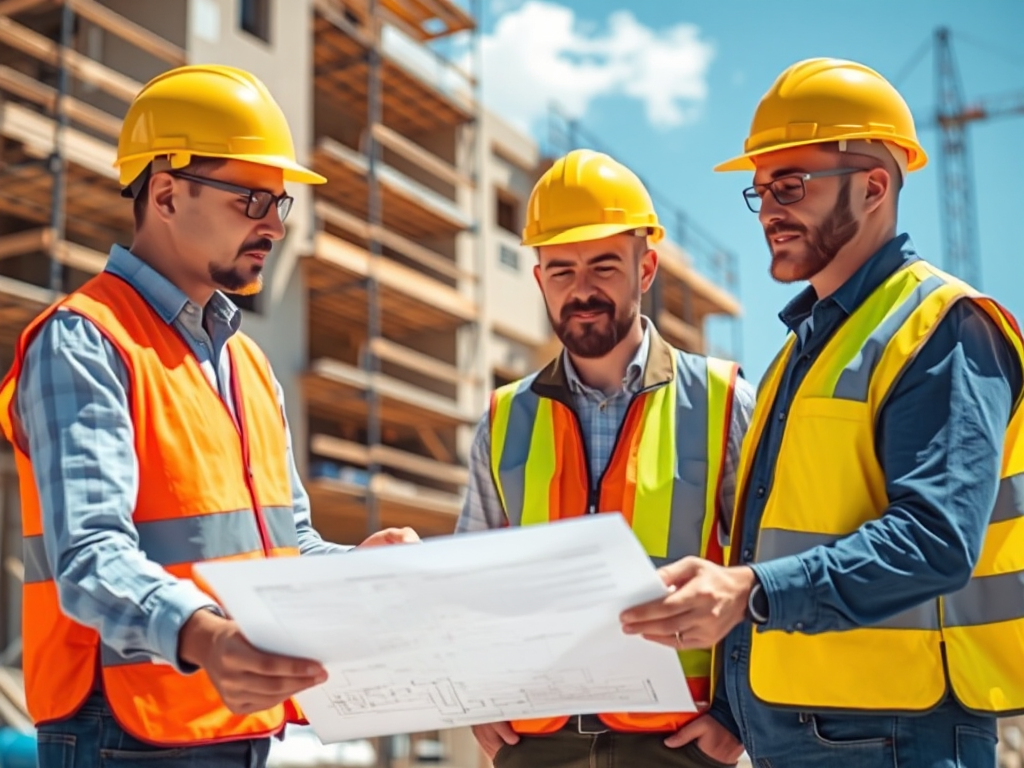Kiến trúc sư và kỹ sư xây dựng thảo luận về bản vẽ tại công trường, minh họa cho **hướng dẫn lập dự toán thi công** và phạm vi công việc. Kiến trúc sư và kỹ sư xây dựng thảo luận về bản vẽ tại công trường, minh họa cho **hướng dẫn lập dự toán thi công** và phạm vi công việc.