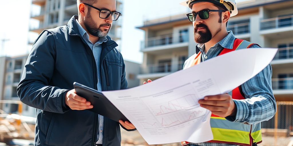 Kiến trúc sư và kỹ sư xây dựng xem xét bản vẽ và dự toán thi công trên máy tính bảng tại công trường, tập trung vào hướng dẫn lập dự toán. Kiến trúc sư và kỹ sư xây dựng xem xét bản vẽ và dự toán thi công trên máy tính bảng tại công trường, tập trung vào hướng dẫn lập dự toán.