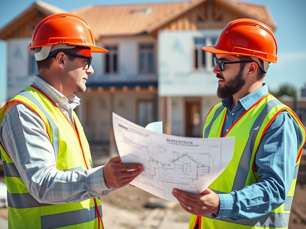 Kiến trúc sư xem xét bản vẽ **mẫu hợp đồng thi công xây dựng nhà ở cập nhật 2026** tại công trường, nhà đang xây dở dang.