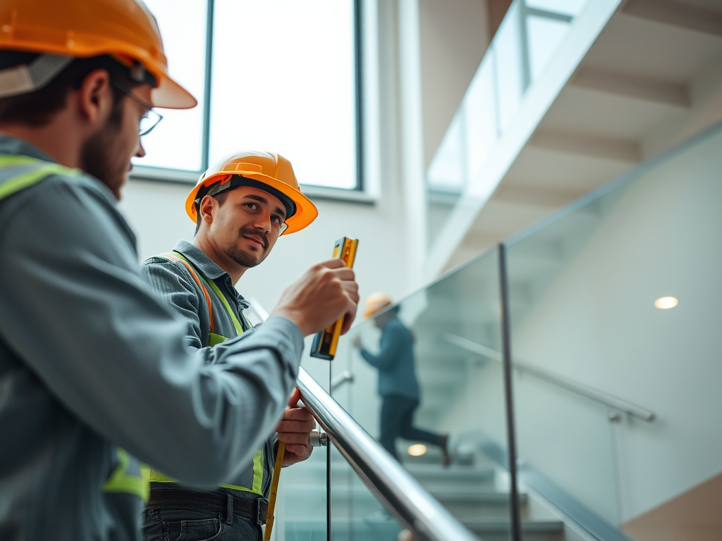 Kỹ sư đang kiểm tra kỹ lưỡng chất lượng thi công cầu thang kính, đảm bảo an toàn theo checklist nghiệm thu, ánh sáng tốt, tập trung vào chi tiết. Kỹ sư đang kiểm tra kỹ lưỡng chất lượng thi công cầu thang kính, đảm bảo an toàn theo checklist nghiệm thu, ánh sáng tốt, tập trung vào chi tiết.