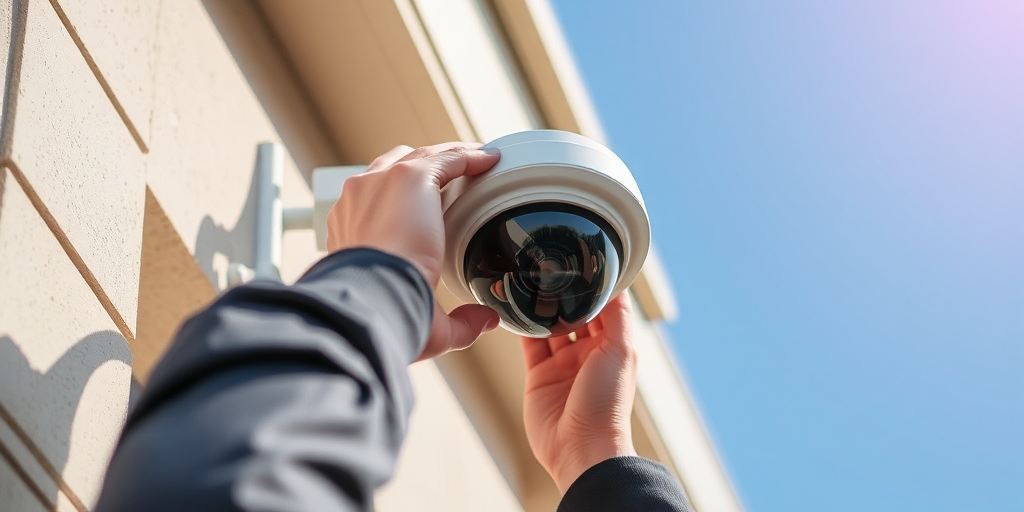 Kỹ thuật viên đang **thi công lắp đặt camera giám sát** dạng dome trên tường ngoài trời, đảm bảo an ninh cho tòa nhà, trời nắng đẹp.