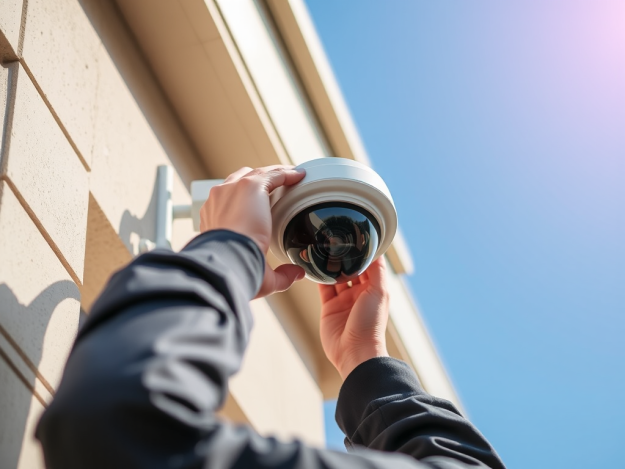 Kỹ thuật viên đang **thi công lắp đặt camera giám sát** dạng dome trên tường ngoài trời, đảm bảo an ninh cho tòa nhà, trời nắng đẹp.