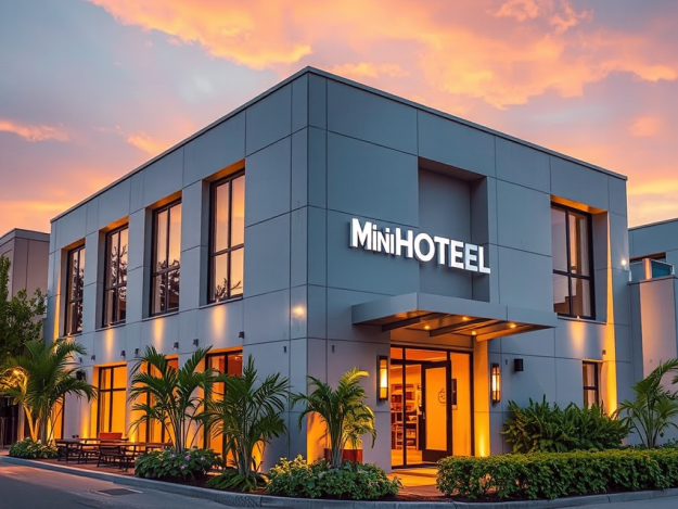 Mặt tiền khách sạn mini hiện đại với kiến trúc đẹp mắt và cảnh quan xanh tươi, thể hiện quy trình thi công khách sạn mini chuyên nghiệp.