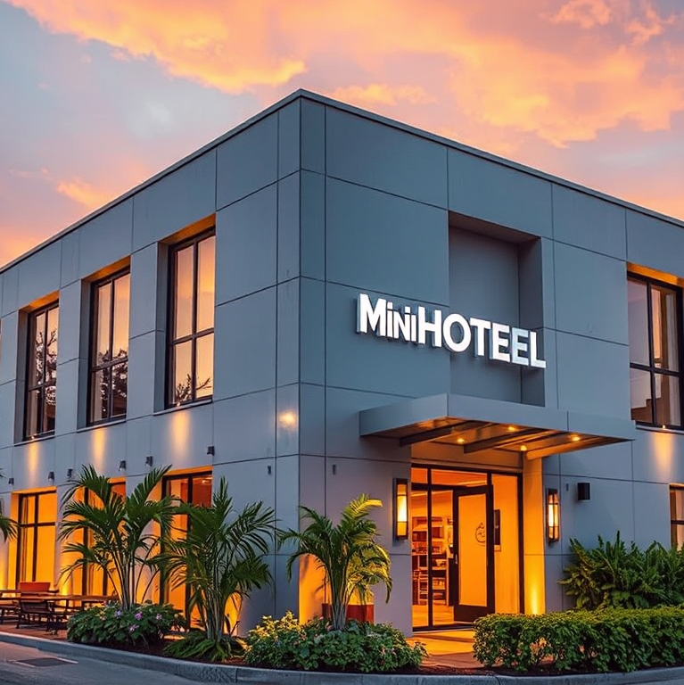 Mặt tiền khách sạn mini hiện đại với kiến trúc đẹp mắt và cảnh quan xanh tươi, thể hiện quy trình thi công khách sạn mini chuyên nghiệp.