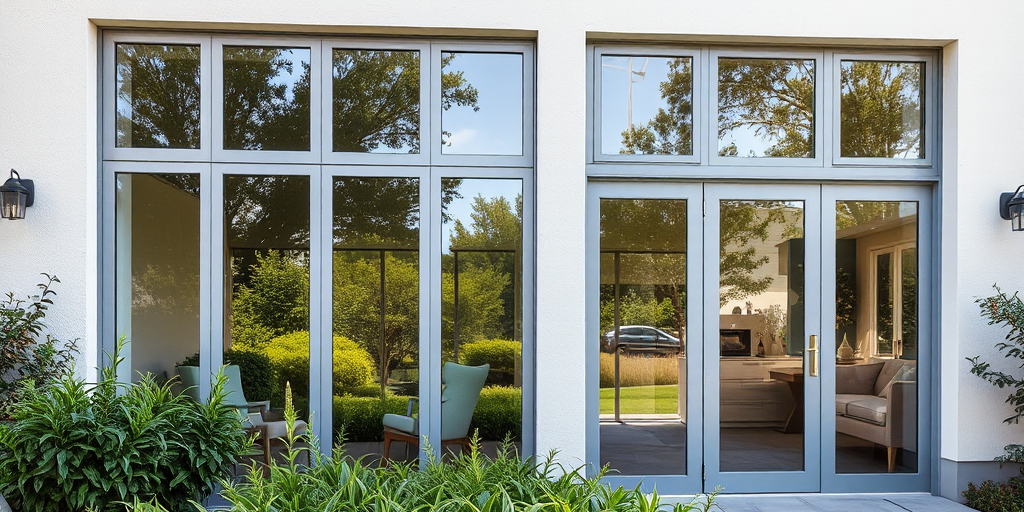 Mặt tiền ngôi nhà hiện đại với cửa nhôm kính giá rẻ lớn đón ánh sáng tự nhiên, vườn cây xanh tươi, kiến trúc sang trọng và thoáng đãng.
