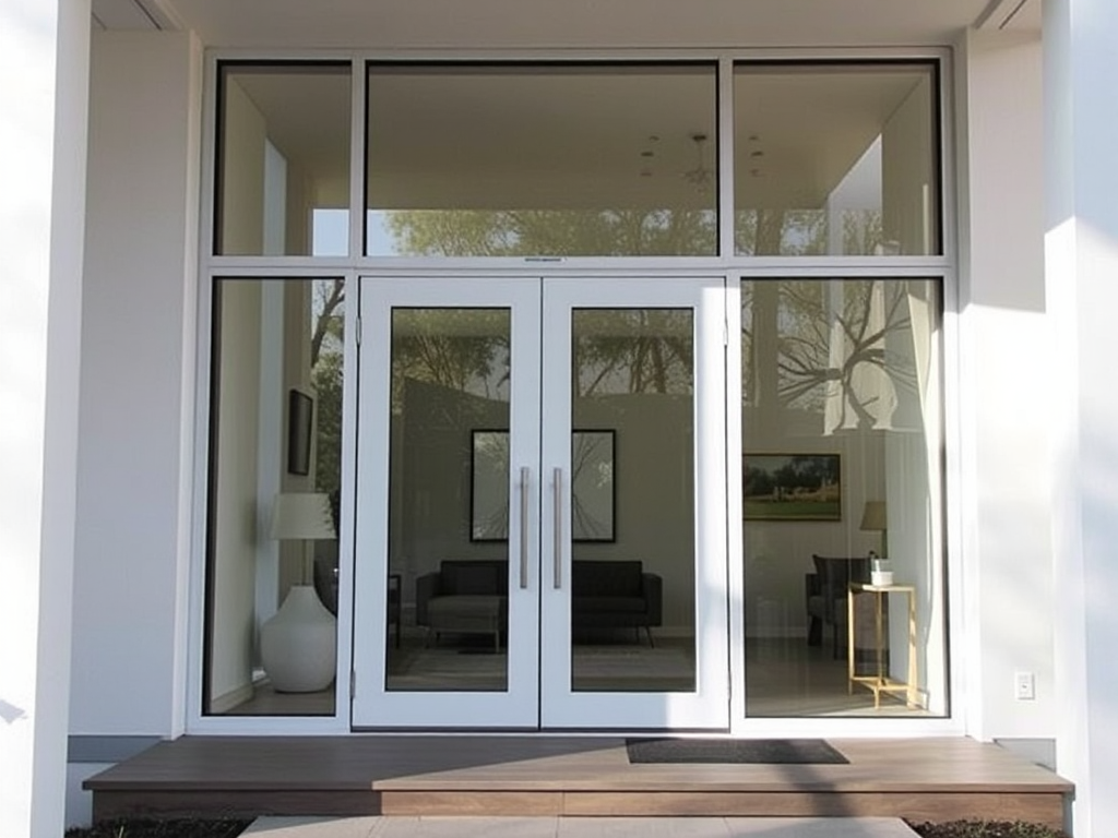Mặt tiền nhà hiện đại với cửa nhôm kính giá rẻ mới lắp đặt; thiết kế tối giản, ánh sáng tự nhiên. Lựa chọn tuyệt vời cho lắp đặt cửa nhôm kính.
