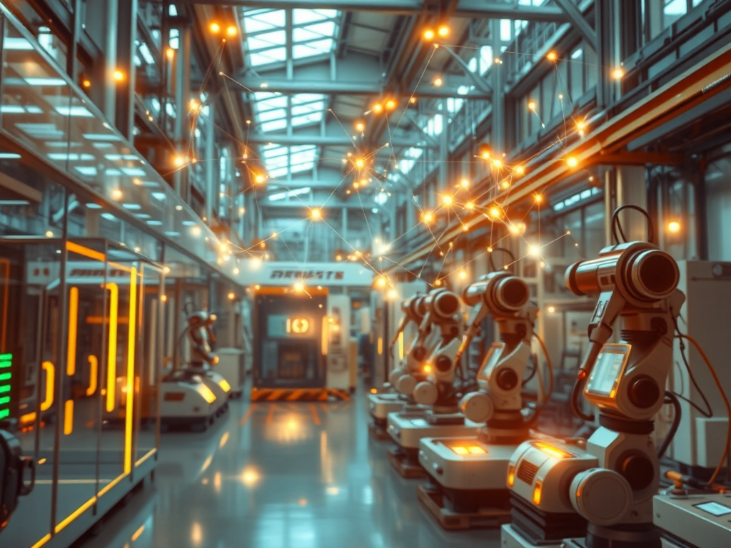 Mô phỏng nhà xưởng công nghiệp 2026 hiện đại với hệ thống IoT giám sát, robot tự động, thể hiện ứng dụng công nghệ thông minh trong thi công.