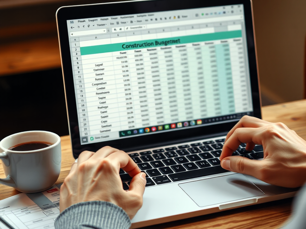 Người đang gõ máy tính, trên màn hình Excel hiển thị bảng dự toán chi phí thi công xây dựng chính xác nhất cho nhà xưởng, có biểu đồ và công thức.