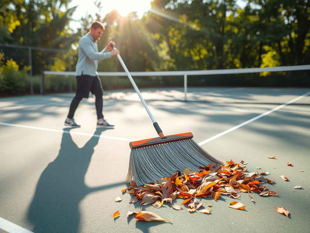 Người đang quét lá trên sân tennis đã được **thi công sân tennis tiêu chuẩn**, giữ cho bề mặt sân sạch sẽ, đảm bảo độ bền và chất lượng lâu dài.