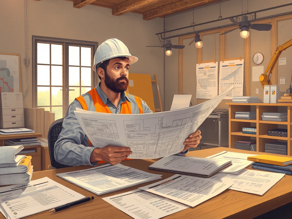 Người quản lý xây dựng xem xét bản vẽ và bảng dự toán chi phí vật tư, nhân công, máy móc thi công; minh họa hướng dẫn lập dự toán thi công. Người quản lý xây dựng xem xét bản vẽ và bảng dự toán chi phí vật tư, nhân công, máy móc thi công; minh họa hướng dẫn lập dự toán thi công.