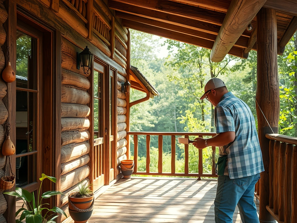Người thợ đang sơn lớp bảo vệ cho homestay gỗ, cảnh quan xanh mát xung quanh, minh họa cho bài viết thi công homestay gỗ và bảo trì. Người thợ đang sơn lớp bảo vệ cho homestay gỗ, cảnh quan xanh mát xung quanh, minh họa cho bài viết thi công homestay gỗ và bảo trì.