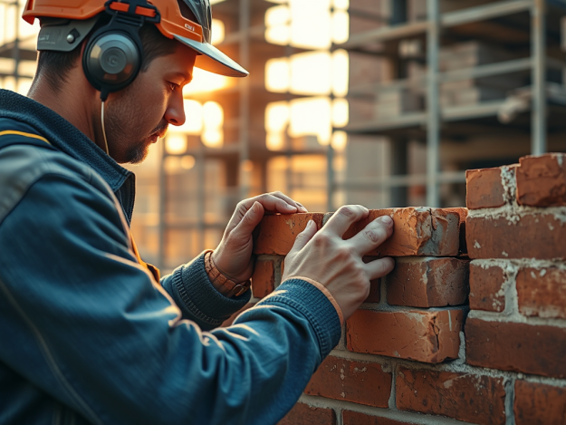 Người thợ xây tường gạch chuyên nghiệp đang xây một bức tường gạch, tập trung vào đôi tay khéo léo và bức tường đang dần hoàn thiện.