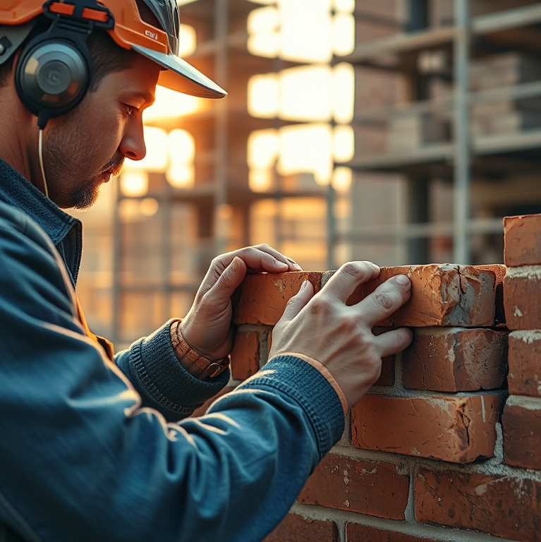 Người thợ xây tường gạch chuyên nghiệp đang xây một bức tường gạch, tập trung vào đôi tay khéo léo và bức tường đang dần hoàn thiện.