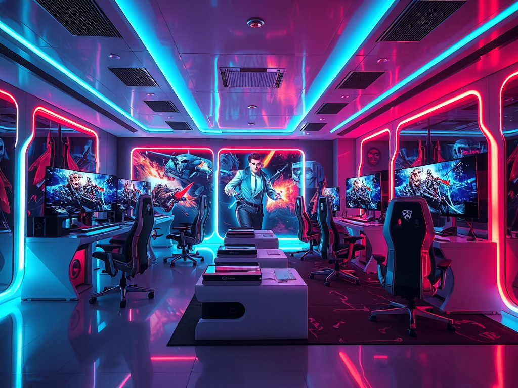 Nội thất phòng game hiện đại với dàn máy tính cấu hình cao, đèn RGB, ghế gaming thoải mái. Hình ảnh thể hiện thi công phòng game chuyên nghiệp và ấn tượng. Nội thất phòng game hiện đại với dàn máy tính cấu hình cao, đèn RGB, ghế gaming thoải mái. Hình ảnh thể hiện thi công phòng game chuyên nghiệp và ấn tượng.