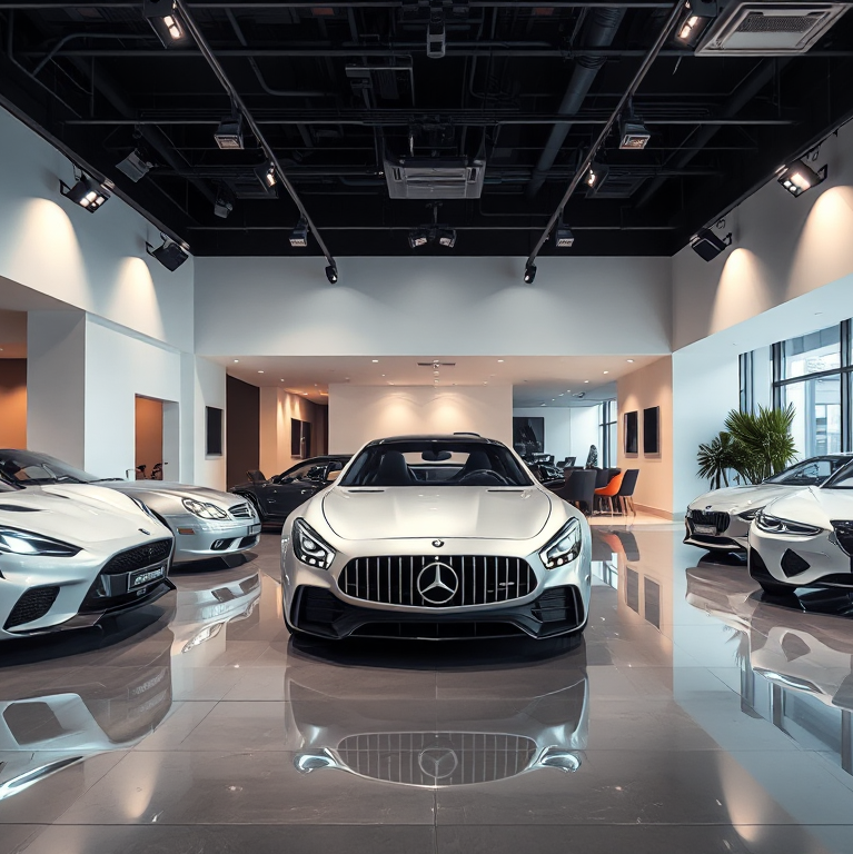 Nội thất showroom ô tô sang trọng với sàn bóng loáng, ánh sáng tập trung vào xe, khu vực chờ thoải mái, thể hiện thi công showroom ô tô sang trọng chuyên nghiệp.
