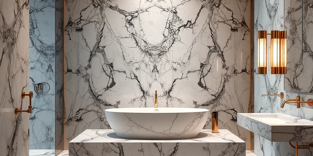 Phòng tắm sang trọng ốp đá marble cao cấp, với vòi sen vàng và ánh sáng dịu nhẹ, thể hiện vẻ đẹp thẩm mỹ của thi công ốp đá marble. Phòng tắm sang trọng ốp đá marble cao cấp, với vòi sen vàng và ánh sáng dịu nhẹ, thể hiện vẻ đẹp thẩm mỹ của thi công ốp đá marble.