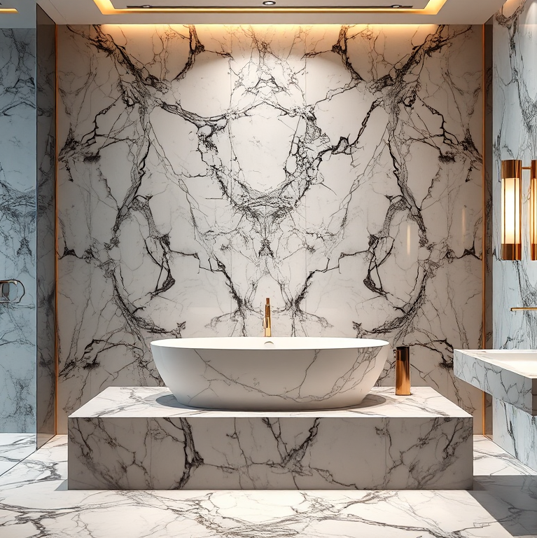 Phòng tắm sang trọng ốp đá marble cao cấp, với vòi sen vàng và ánh sáng dịu nhẹ, thể hiện vẻ đẹp thẩm mỹ của thi công ốp đá marble.
