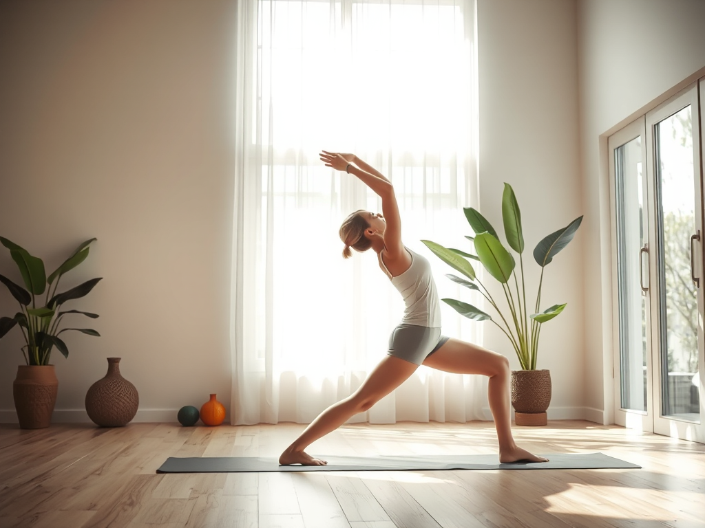Phòng tập yoga yên tĩnh với sàn gỗ sáng, ánh sáng dịu nhẹ, cây xanh và một người đang tập yoga, thể hiện không gian lý tưởng.