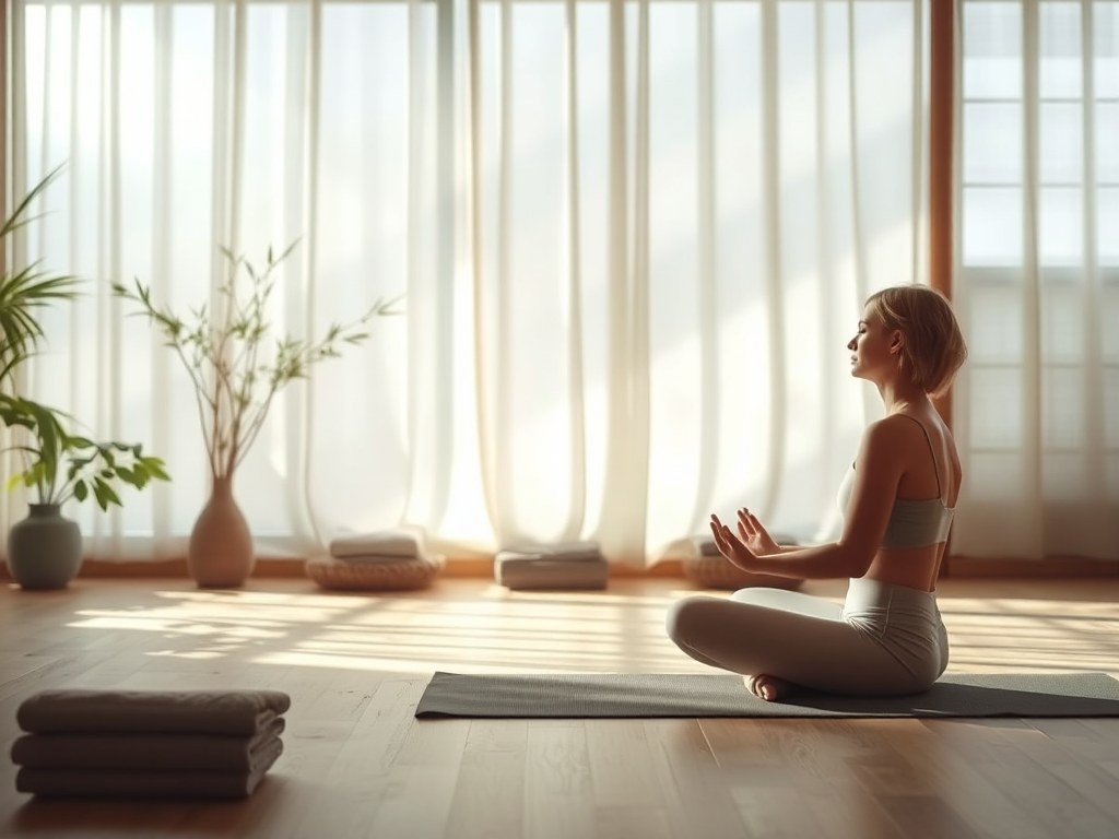 Phòng yoga yên tĩnh với ánh sáng dịu nhẹ, người phụ nữ thiền định, vật liệu tự nhiên. Minh họa cho bài viết về thi công phòng yoga yên tĩnh.