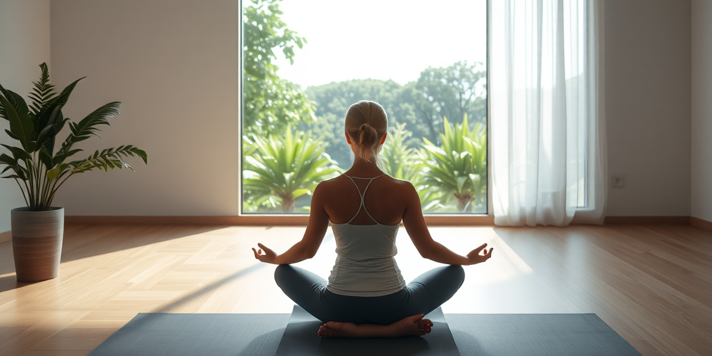Phòng yoga yên tĩnh với ánh sáng tự nhiên, thảm tập và cây xanh. Người phụ nữ đang thiền trong tư thế hoa sen, tạo không gian thi công phòng yoga yên tĩnh.