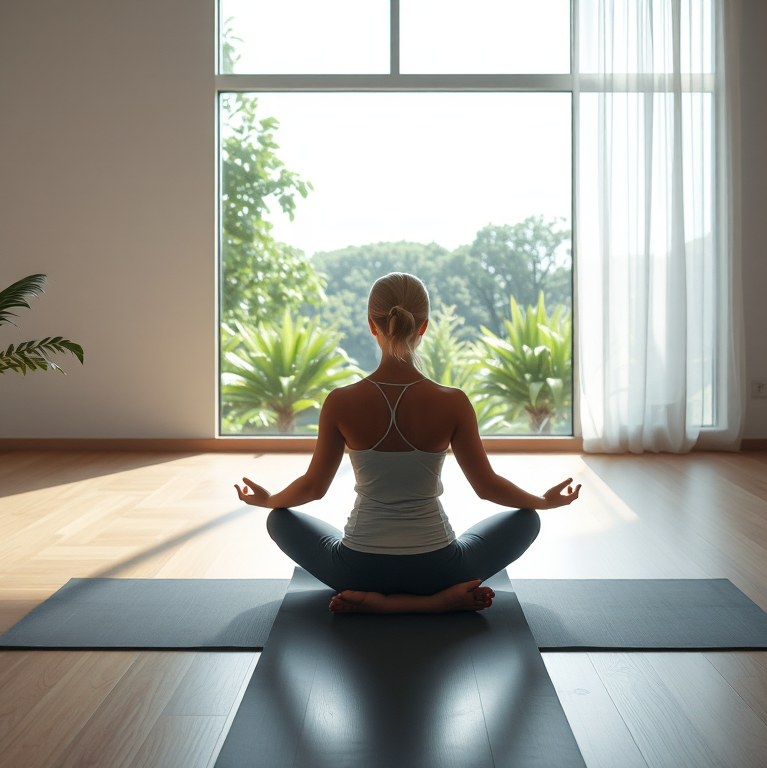 Phòng yoga yên tĩnh với ánh sáng tự nhiên, thảm tập và cây xanh. Người phụ nữ đang thiền trong tư thế hoa sen, tạo không gian thi công phòng yoga yên tĩnh.