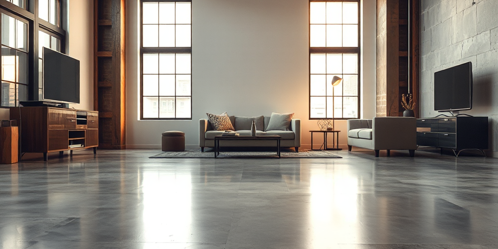 Sàn bê tông mài bóng loáng phản chiếu ánh sáng trong căn hộ loft hiện đại, thể hiện phong cách công nghiệp. Thi công sàn bê tông mài tạo không gian sống tối giản.