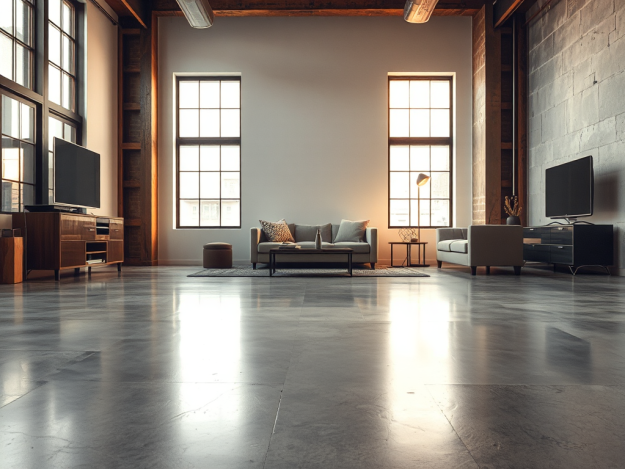 Sàn bê tông mài bóng loáng phản chiếu ánh sáng trong căn hộ loft hiện đại, thể hiện phong cách công nghiệp. Thi công sàn bê tông mài tạo không gian sống tối giản. Sàn bê tông mài bóng loáng phản chiếu ánh sáng trong căn hộ loft hiện đại, thể hiện phong cách công nghiệp. Thi công sàn bê tông mài tạo không gian sống tối giản.