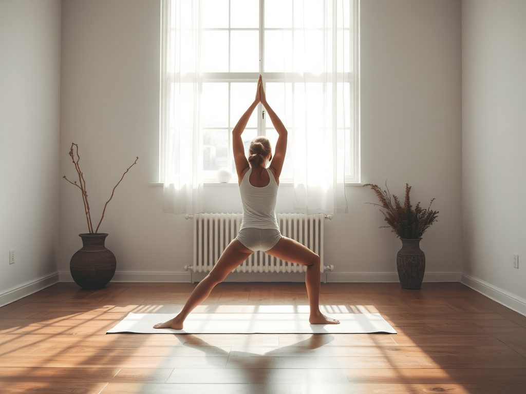 Sàn phòng tập yoga êm ái với thảm tập màu sáng, ánh sáng tự nhiên, không gian thi công phòng yoga yên tĩnh và thư giãn, sàn gỗ dễ bảo trì.