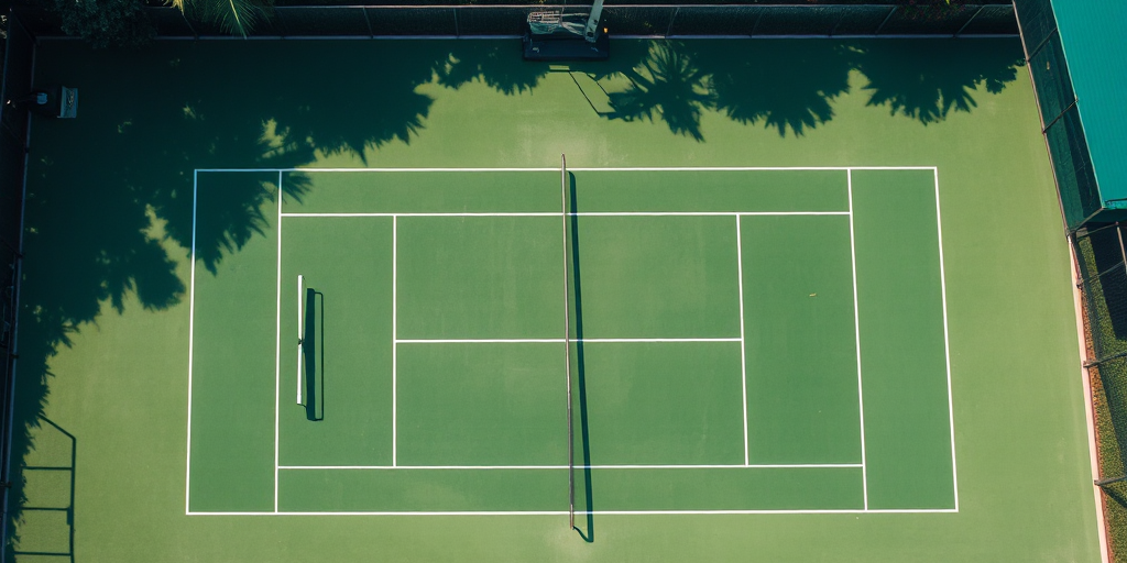 Sân tennis tiêu chuẩn với mặt sân xanh tươi, được chụp từ trên cao, thể hiện quy trình thi công sân tennis tiêu chuẩn chuyên nghiệp và tỉ mỉ.