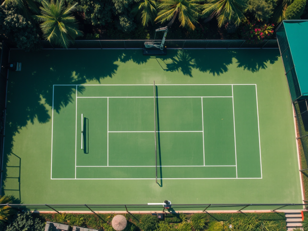 Sân tennis tiêu chuẩn với mặt sân xanh tươi, được chụp từ trên cao, thể hiện quy trình thi công sân tennis tiêu chuẩn chuyên nghiệp và tỉ mỉ.
