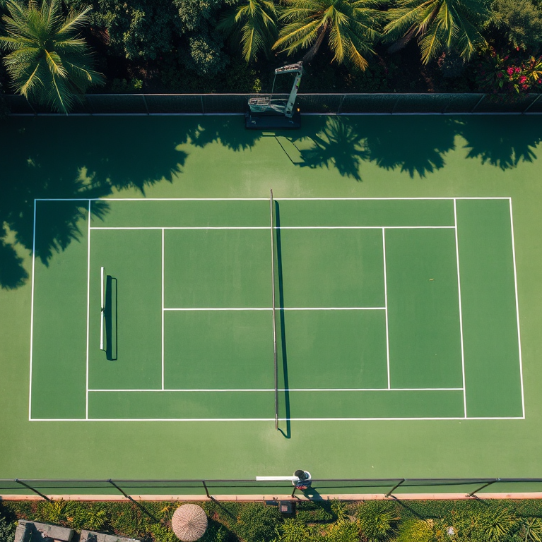 Sân tennis tiêu chuẩn với mặt sân xanh tươi, được chụp từ trên cao, thể hiện quy trình thi công sân tennis tiêu chuẩn chuyên nghiệp và tỉ mỉ.